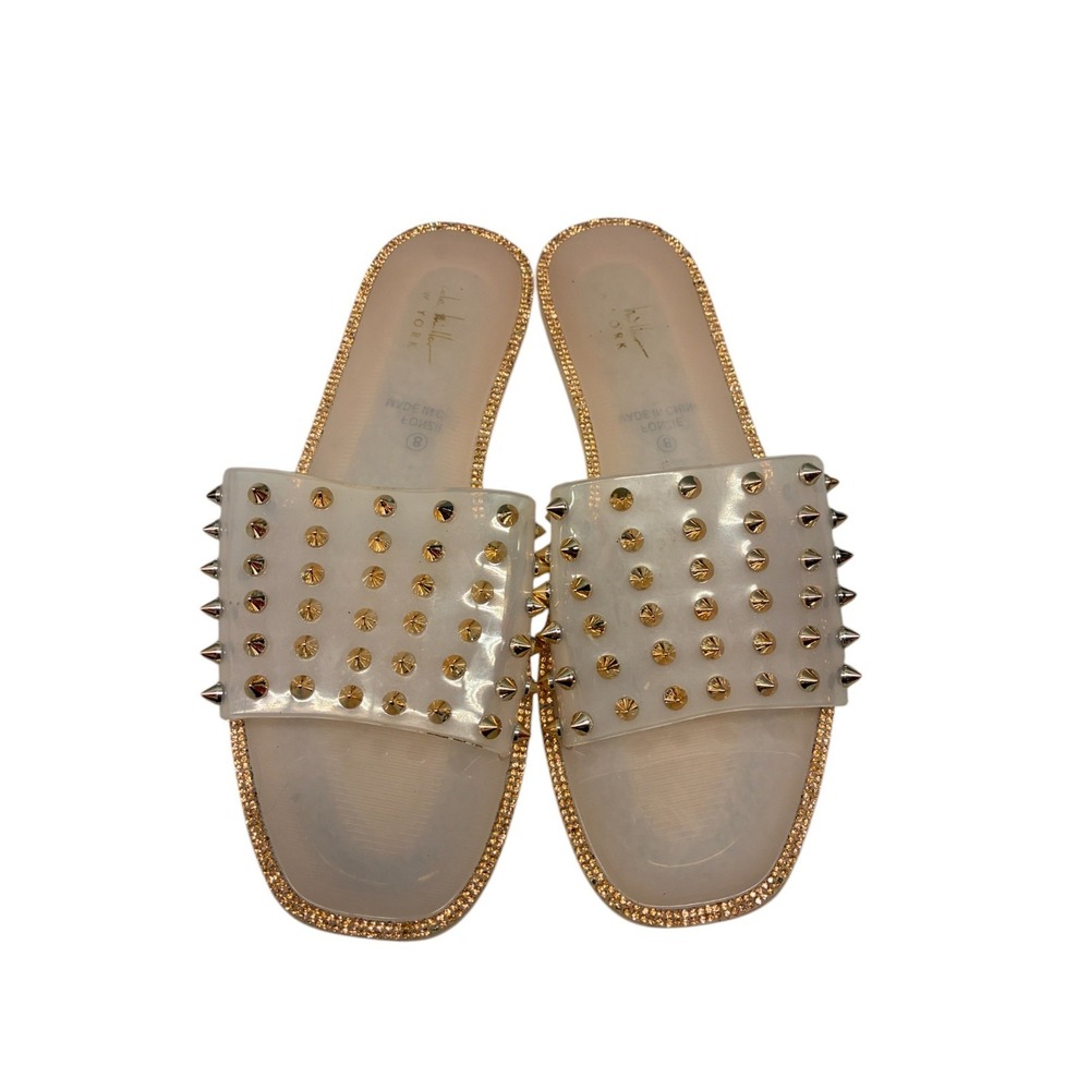 Nicole‎ Miller Sandals Women’s Clear PVC Gold Spike Studded Rhinestone Slides 8